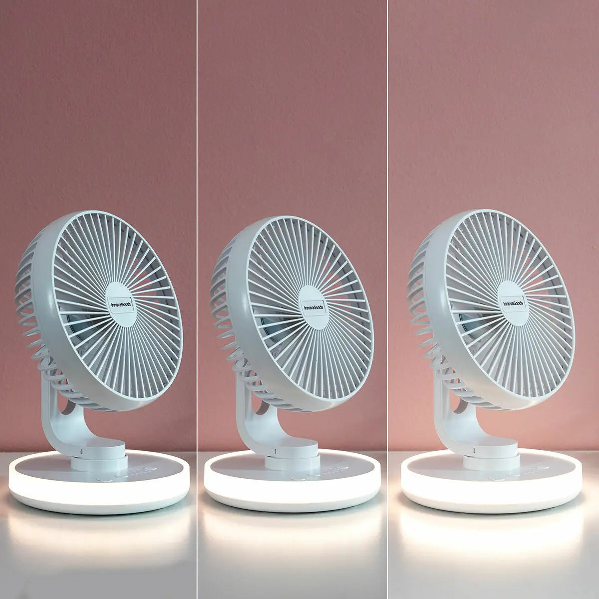 Ventilateur de Bureau Rechargeable avec LED montrant les 3 niveaux d'intensité de la lumière LED. Idéal pour travailler depuis votre bureau ou chambre. Kozyo