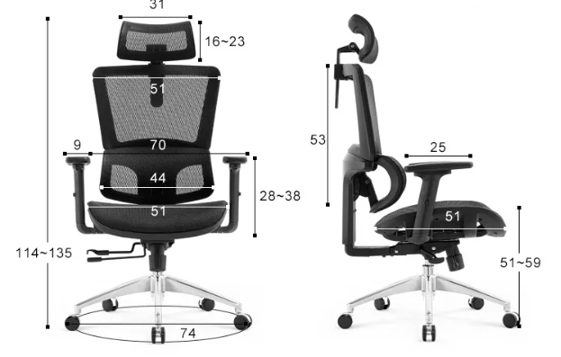 Profil latéral du fauteuil TAKI montrant la structure inclinable et l’appuie-tête, sur fond blanc, avec les dimensions