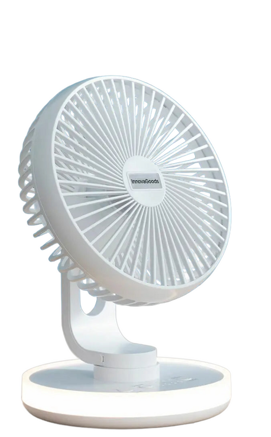 Vue latérale du Ventilateur de Bureau Rechargeable avec LED, sur fond blanc. Rafraîchissant pour vos été. Kozyo
