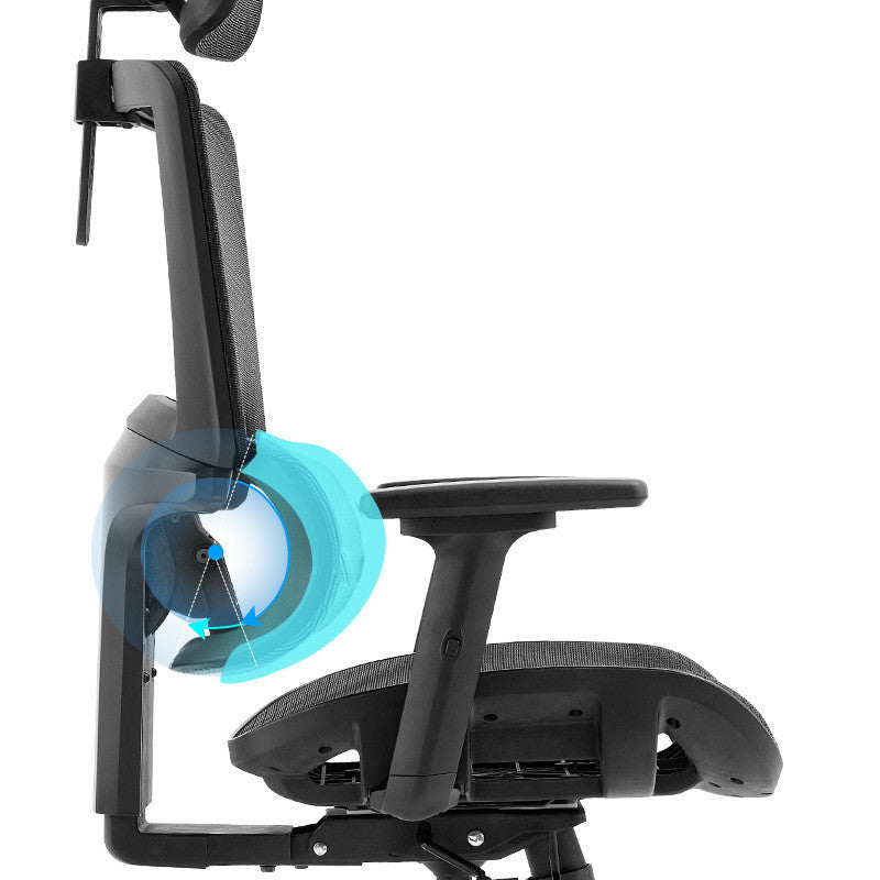 Gros plan sur le dossier ergonomique en tissu respirant du fauteuil TAKI avec renfort lombaire